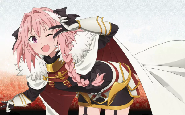 A vibrant HD wallpaper featuring Rider of Black from Fate/Apocrypha, showcasing her playful expression and dynamic outfit against a soft, blended background.