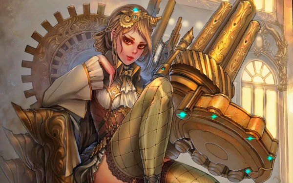 HD PC desktop wallpaper: steampunk sci‑fi fantasy — an armored woman lounges on a gear-laden throne, surrounded by brass machinery, pistons and glowing blue lights by a sunlit window.