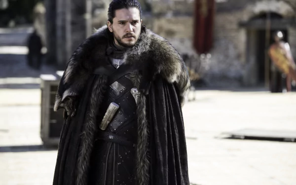 5K Ultra HD PC desktop wallpaper: Game of Thrones TV scene of a fur-cloaked northern lord in armor standing in a stone courtyard.