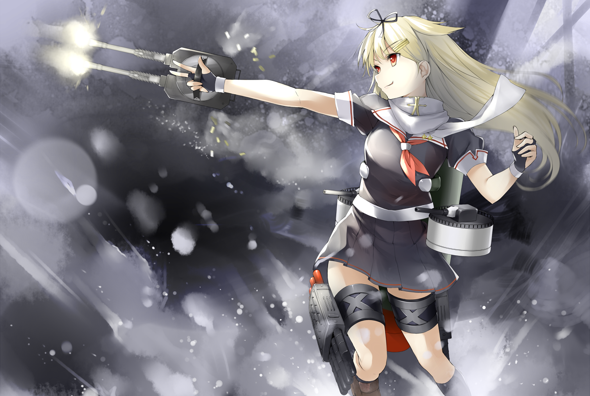 Yuudachi (Kantai Collection) anime HD PC desktop wallpaper: blonde ship-girl in sailor uniform firing twin guns amid snow and smoke, dynamic action pose with visible naval gear.