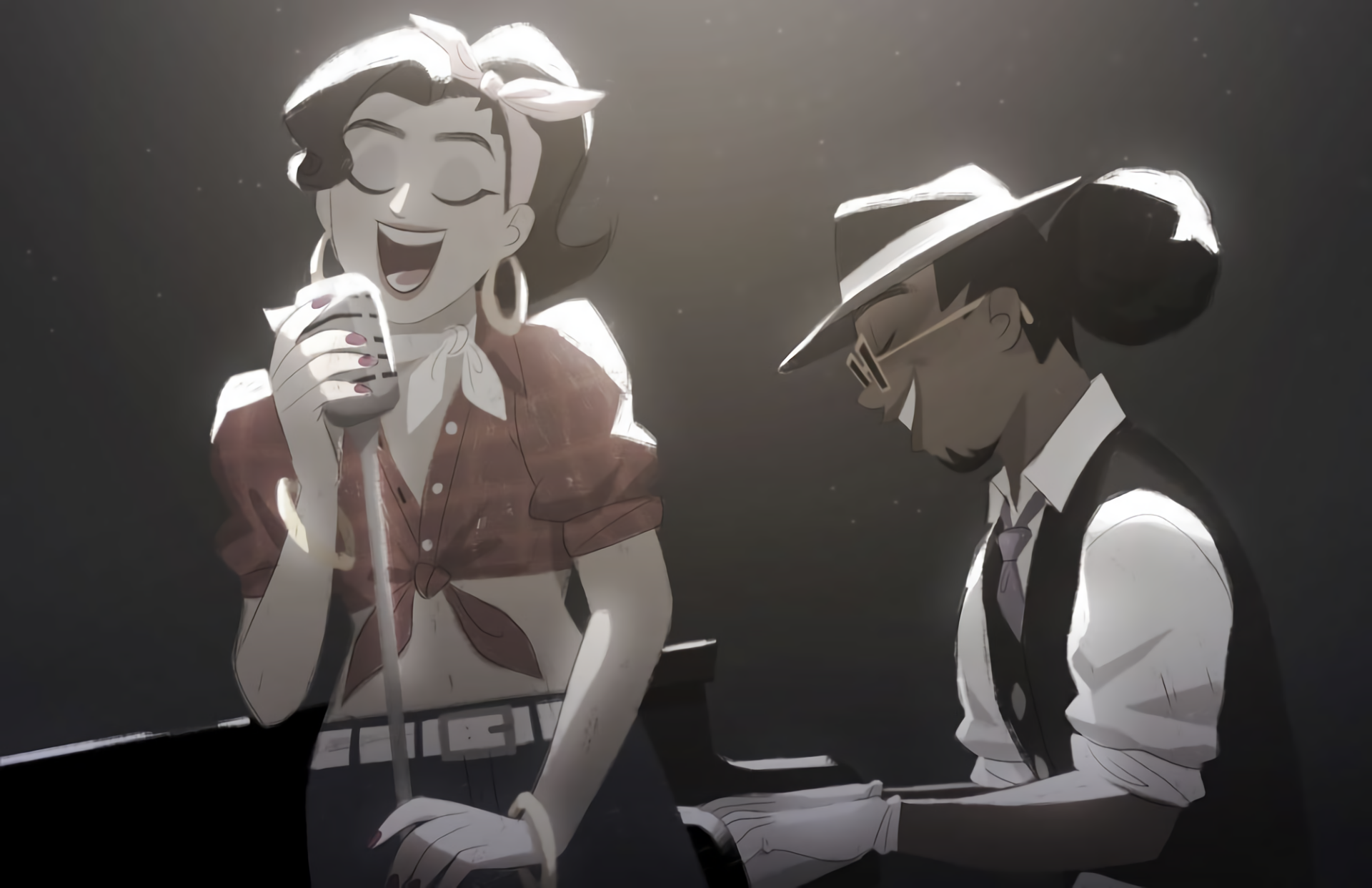 HD PC desktop wallpaper featuring Lúcio and D.Va from Overwatch in a stylized, monochromatic scene with a vintage, jazzy vibe.