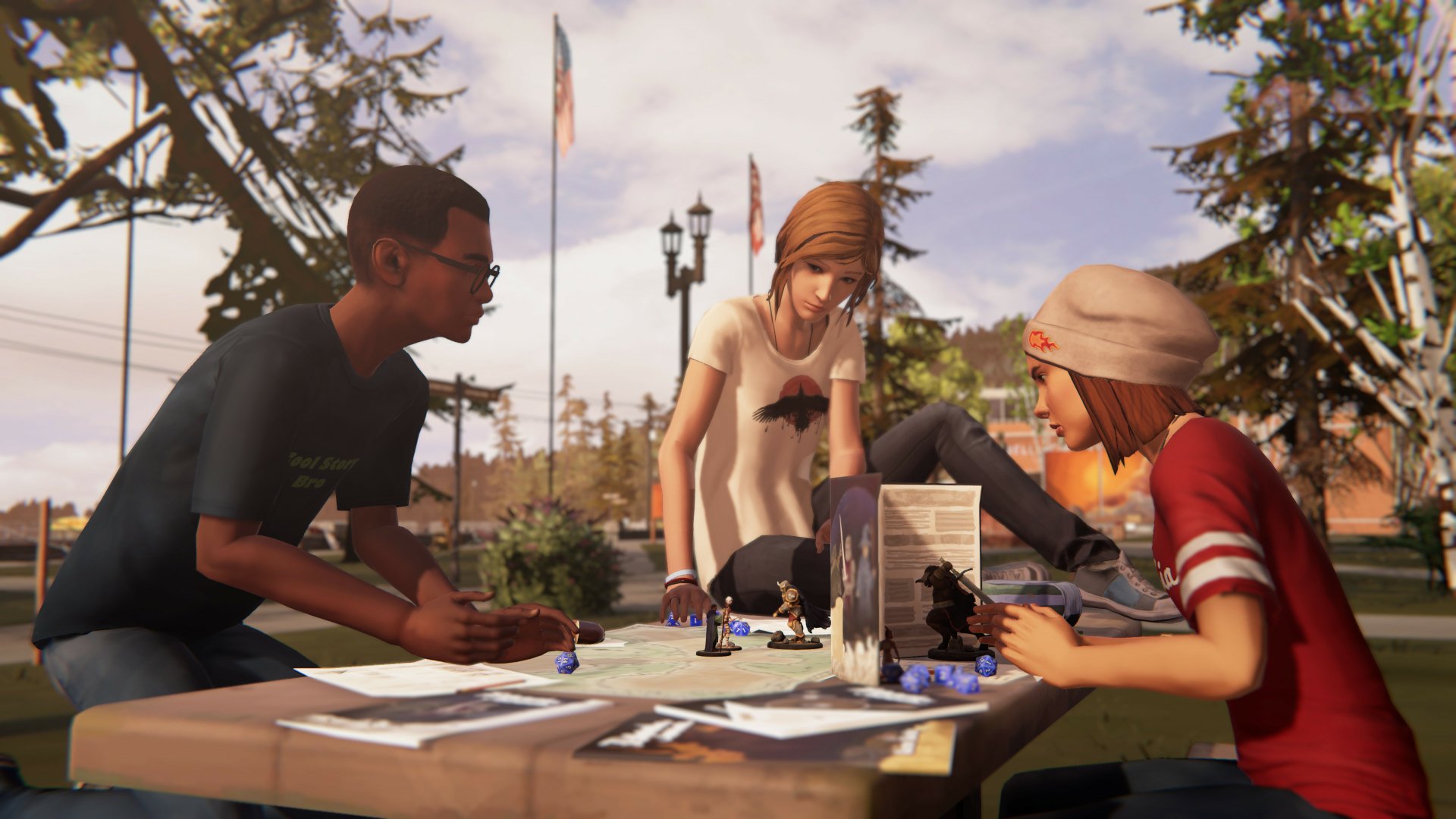Chloe Price and two friends play a tabletop game outdoors in this 4K Ultra HD PC desktop wallpaper from the video game Life Is Strange: Before The Storm.