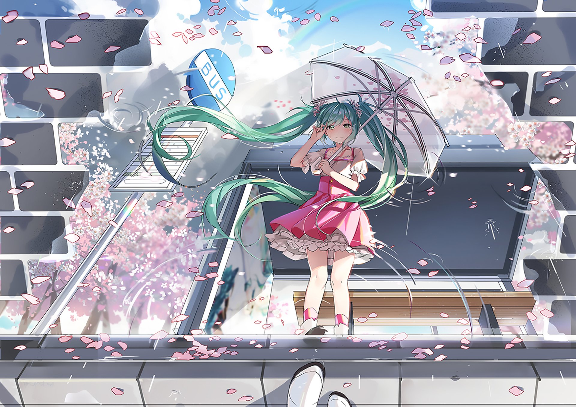 HD desktop wallpaper featuring Hatsune Miku, the popular Vocaloid character, holding an umbrella amidst falling cherry blossoms in an anime-styled scene.