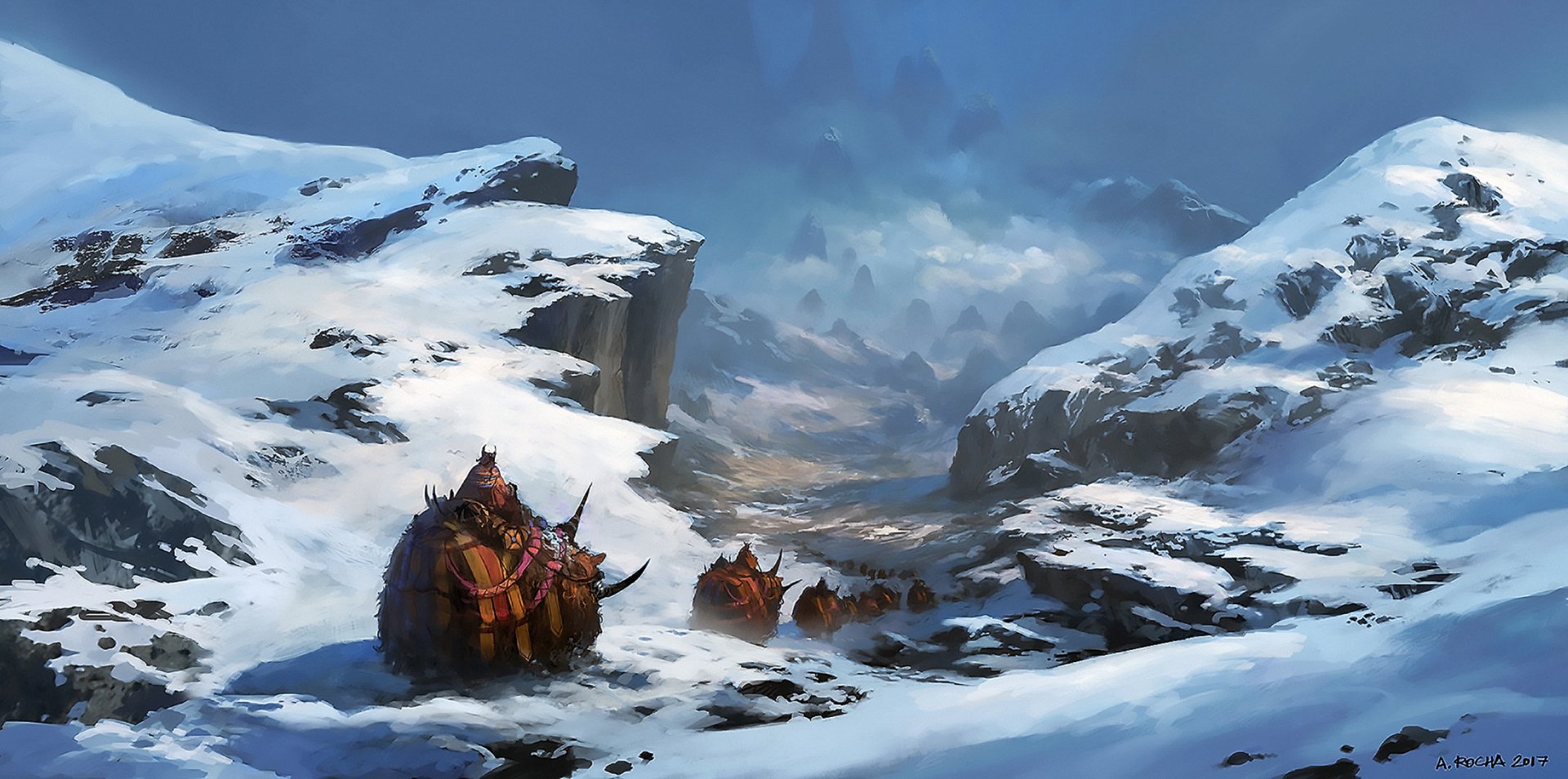 A fantasy landscape featuring a caravan of mammoth-like creatures traveling through a snowy, mountainous path shrouded in fog. The HD image serves as a captivating desktop wallpaper and background.