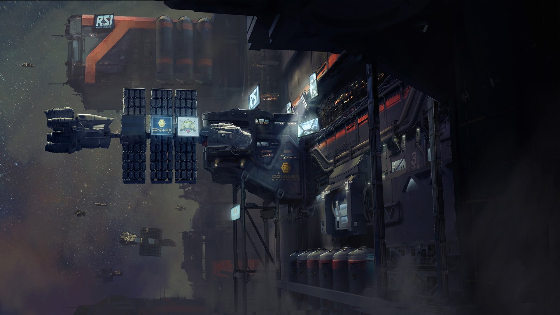 4K Ultra HD desktop wallpaper of a detailed spaceship docked at a space station, from the video game Star Citizen, set against a dark cosmic backdrop.