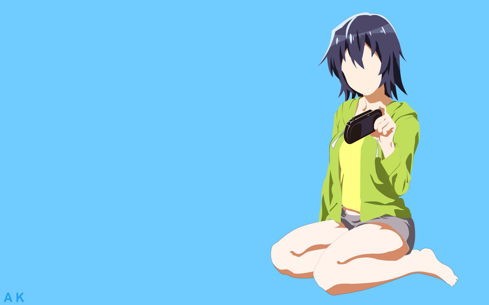 HD PC wallpaper featuring anime character Chiaki Hoshinomori in a green jacket, holding a game controller against a plain blue background.