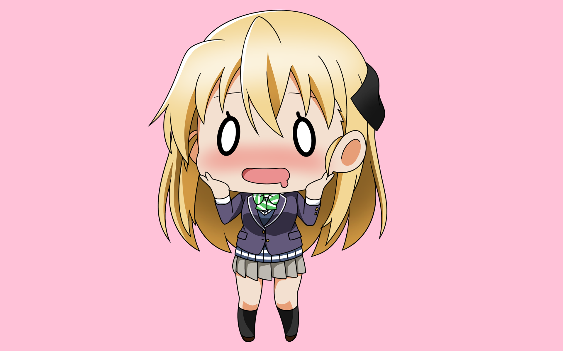 Chibi Karen Tendou, anime gamer with a surprised expression on a pink backdrop — HD PC desktop wallpaper.