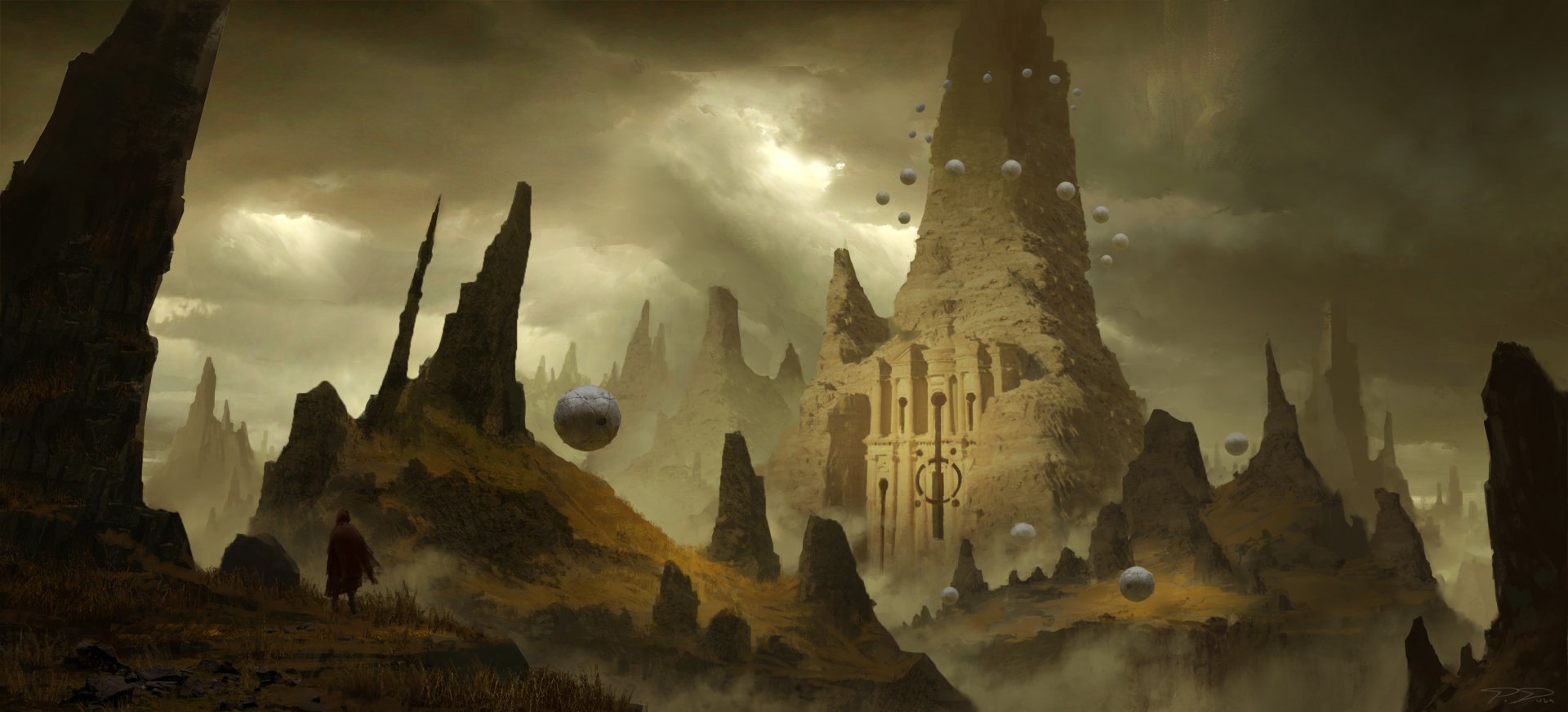 Download Adventurer Cloud Sky Fog Building Fantasy Landscape Fantasy Landscape HD Wallpaper by Piotr Dura