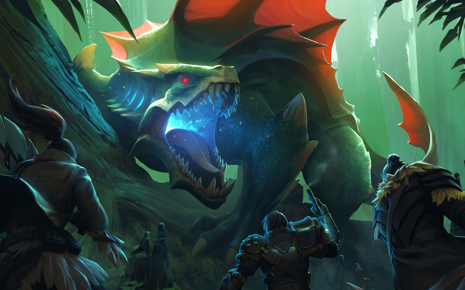 HD PC desktop wallpaper featuring a fierce creature from the video game Dauntless, set in a dense, glowing forest with armored hunters confronting the beast.