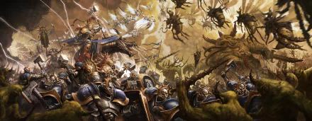 Epic Warhammer Age of Sigmar warriors clad in armor wield lightning-powered hammers, battling monstrous creatures amid a chaotic, storm-lit battlefield in this HD video game wallpaper.