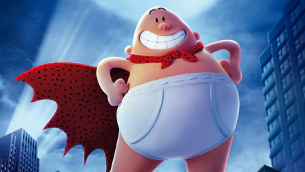 4K Ultra HD desktop wallpaper featuring Captain Underpants from the movie Captain Underpants: The First Epic Movie, posed heroically with a red cape against a night sky.