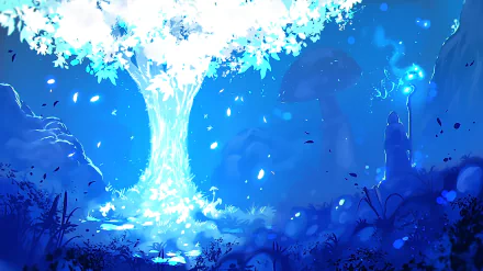 HD PC desktop wallpaper: a glowing magical tree bathing a lone mage with staff in a blue forest, ethereal petals and floating lights in a fantasy scene.