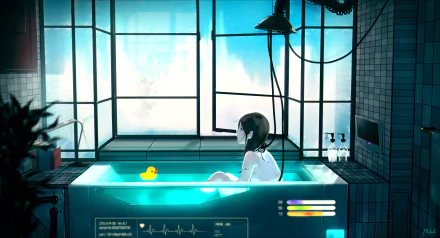 A serene anime scene depicts a girl in a glowing bath with a rubber duck, framed by a modern window in a vibrant, futuristic setting. 4K Ultra HD wallpaper quality.