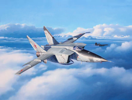 HD desktop wallpaper featuring a Mikoyan-Gurevich MiG-25 jet fighter warplane flying above the clouds with another military aircraft in the background.