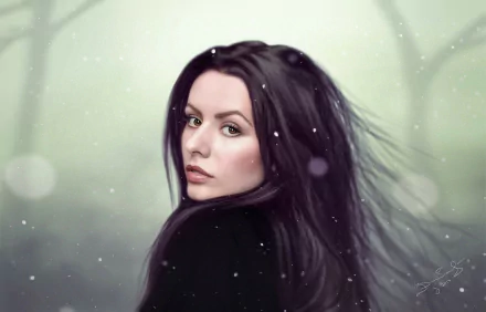 Artistic portrait painting of a woman with black hair and brown eyes set in a serene winter scene, designed as an HD PC desktop wallpaper and background.