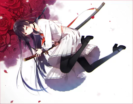 Anime original HD desktop wallpaper featuring a red-eyed girl in a school uniform with thigh highs, holding a katana, surrounded by red flowers.