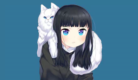 Original anime HD PC desktop wallpaper: girl with black hair and blue eyes, wearing a dark coat, a fluffy white anime cat perched on her shoulder against a solid blue background.