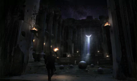 dark landscape light adventurer torch fantasy ruin fantasy landscape Dark Fantasy HD Desktop Wallpaper | Background Image