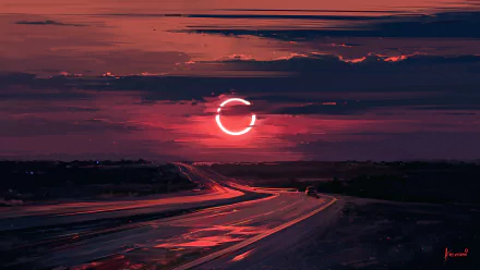 HD desktop wallpaper of a fantasy scene featuring an empty road under an eclipse with dramatic clouds and a glowing moon in the evening sky.