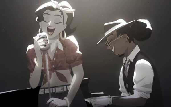 HD PC desktop wallpaper featuring Lúcio and D.Va from Overwatch in a stylized, monochromatic scene with a vintage, jazzy vibe.