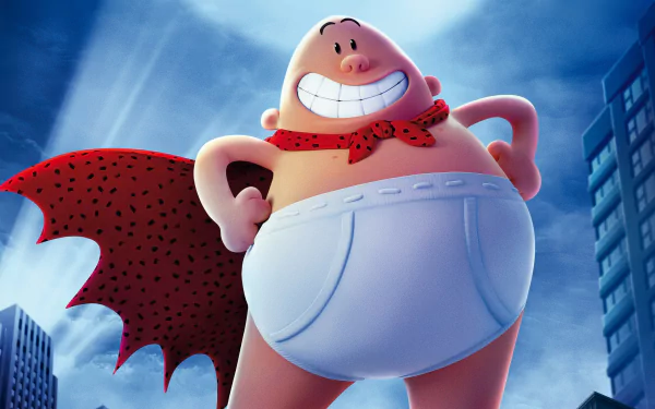 4K Ultra HD desktop wallpaper featuring Captain Underpants from the movie Captain Underpants: The First Epic Movie, posed heroically with a red cape against a night sky.