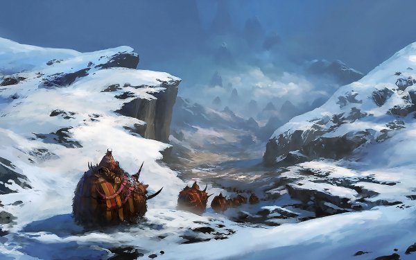 Fantasy Landscape Mountain Mammoth Path Fog Snow Creature Caravan HD Wallpaper | Background Image