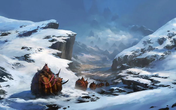 A fantasy landscape featuring a caravan of mammoth-like creatures traveling through a snowy, mountainous path shrouded in fog. The HD image serves as a captivating desktop wallpaper and background.