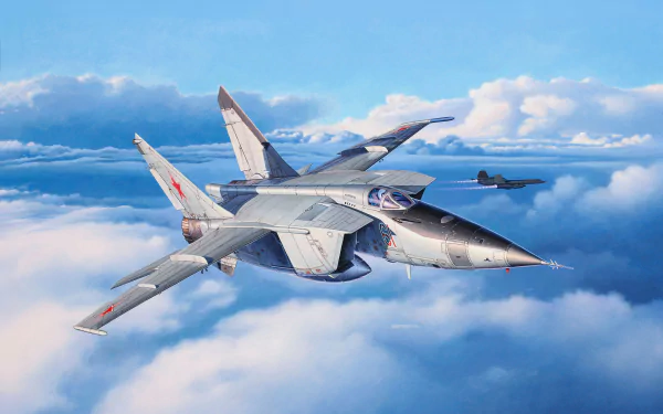 HD desktop wallpaper featuring a Mikoyan-Gurevich MiG-25 jet fighter warplane flying above the clouds with another military aircraft in the background.