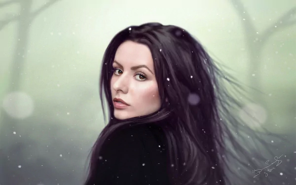 Artistic portrait painting of a woman with black hair and brown eyes set in a serene winter scene, designed as an HD PC desktop wallpaper and background.