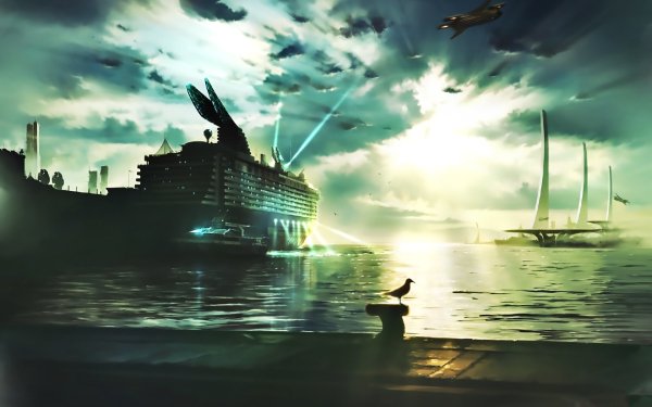 Anime Original Boat Bird Sea Sky Cloud Sunshine Cruise Ship HD Wallpaper | Background Image