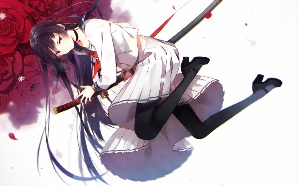 Anime Original Katana School Uniform Red Eyes Flower Thigh Highs HD Wallpaper | Background Image
