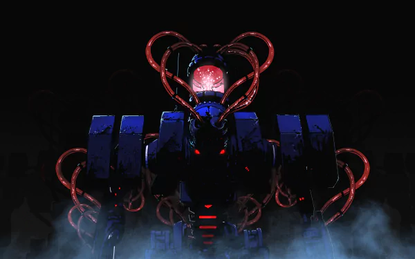 4K Ultra HD Sci-Fi Nex Machina video game wallpaper featuring a glowing robotic figure with red tentacles emerging from mist against a dark background.