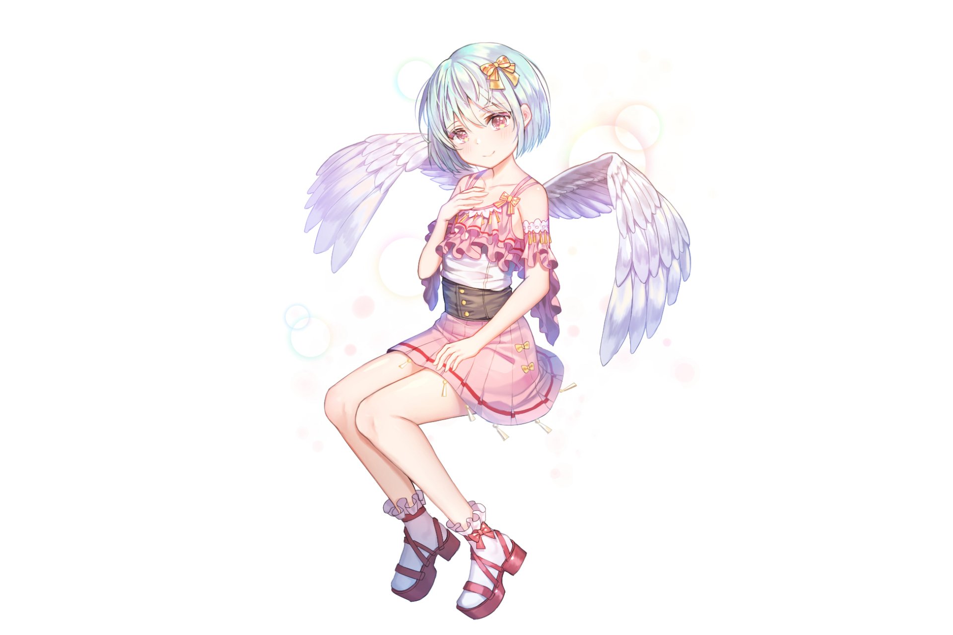 Original anime HD PC desktop wallpaper of a short blue‑haired girl with a ribbon and white wings, wearing a frilly dress and shoes, gently floating against a soft white background.