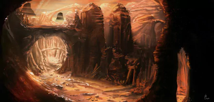 2K Quad HD PC desktop wallpaper and background of a fantasy mountain landscape: sunlit red-rock canyon with a natural arch, towering spires and a carved cavern entrance.