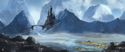 HD fantasy landscape wallpaper featuring a majestic castle on a mountain connected by a stone bridge, surrounded by misty peaks and a vast serene valley.