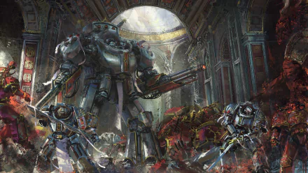 A high-definition desktop wallpaper featuring a dramatic scene from Warhammer 40k, showcasing armored Space Marines engaged in battle with swords and weapons within an ornate, cathedral-like setting.