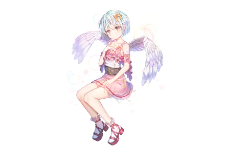 Original anime HD PC desktop wallpaper of a short blue‑haired girl with a ribbon and white wings, wearing a frilly dress and shoes, gently floating against a soft white background.