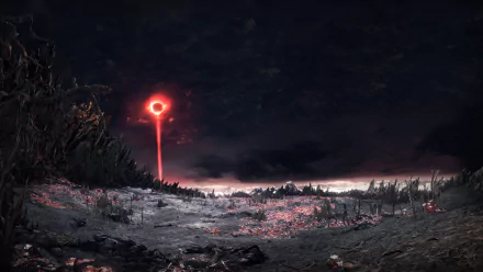 HD wallpaper from Dark Souls III, featuring a desolate landscape under a dark sky, with a red eclipse illuminating the horizon, creating a compelling and eerie atmosphere iconic to the video game.