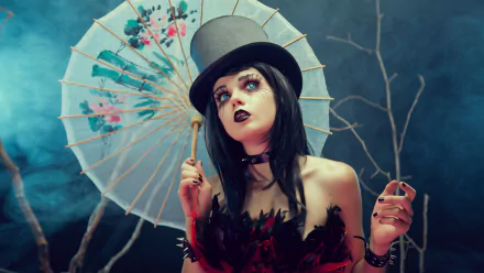 Gothic fantasy woman with black hair, blue eyes, and dark lipstick, wearing a top hat and holding a decorative parasol against a moody, atmospheric background.