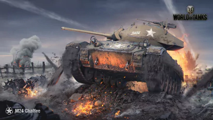 HD PC desktop wallpaper: M24 Chaffee light tank charging through a fiery battlefield — World of Tanks video game background artwork.
