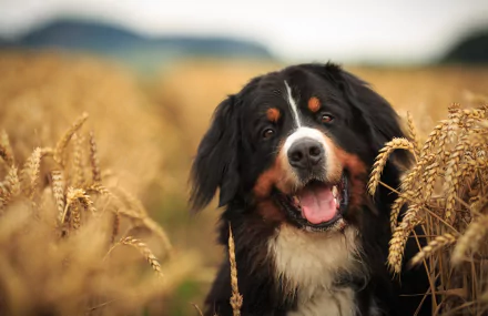 A Bernese Mountain Dog, or Sennenhund, joyfully stands amidst golden wheat under a soft summer sky, captured in sharp HD with a shallow depth of field.