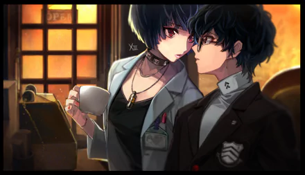 HD PC desktop wallpaper featuring Akira Kurusu from the video game Persona 5, showcasing a close, intense moment between two characters in detailed anime style.
