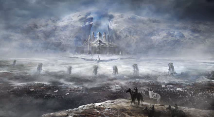 HD fantasy landscape wallpaper featuring an epic battle scene with a castle in the background, warriors, and armies preparing for combat under a cloudy sky.