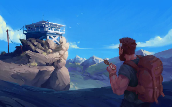 HD desktop wallpaper of Firewatch video game depicting a character with a backpack holding a map, looking at a lookout tower on a rocky hill, with a backdrop of a clear blue sky and mountains.
