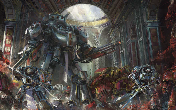A high-definition desktop wallpaper featuring a dramatic scene from Warhammer 40k, showcasing armored Space Marines engaged in battle with swords and weapons within an ornate, cathedral-like setting.