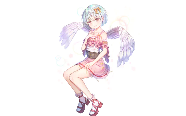Original anime HD PC desktop wallpaper of a short blue‑haired girl with a ribbon and white wings, wearing a frilly dress and shoes, gently floating against a soft white background.