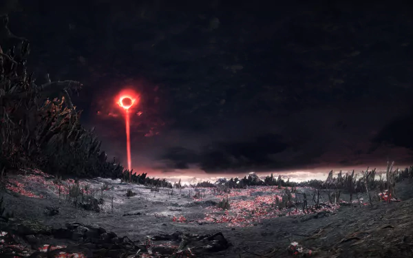 HD wallpaper from Dark Souls III, featuring a desolate landscape under a dark sky, with a red eclipse illuminating the horizon, creating a compelling and eerie atmosphere iconic to the video game.