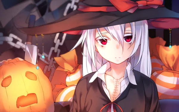 An anime character with white hair and red eyes, wearing a black witch hat and coat, stands next to carved pumpkins. The HD Halloween-themed wallpaper features a dark, festive background.