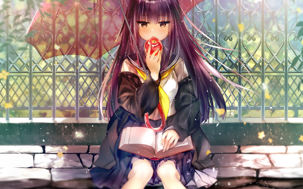 Anime Original Umbrella Book Jacket Brown Eyes Long Hair Fruit Apple School Uniform HD Wallpaper | Background Image