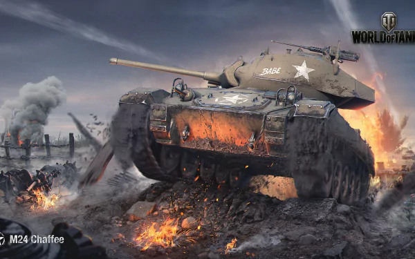HD PC desktop wallpaper: M24 Chaffee light tank charging through a fiery battlefield — World of Tanks video game background artwork.